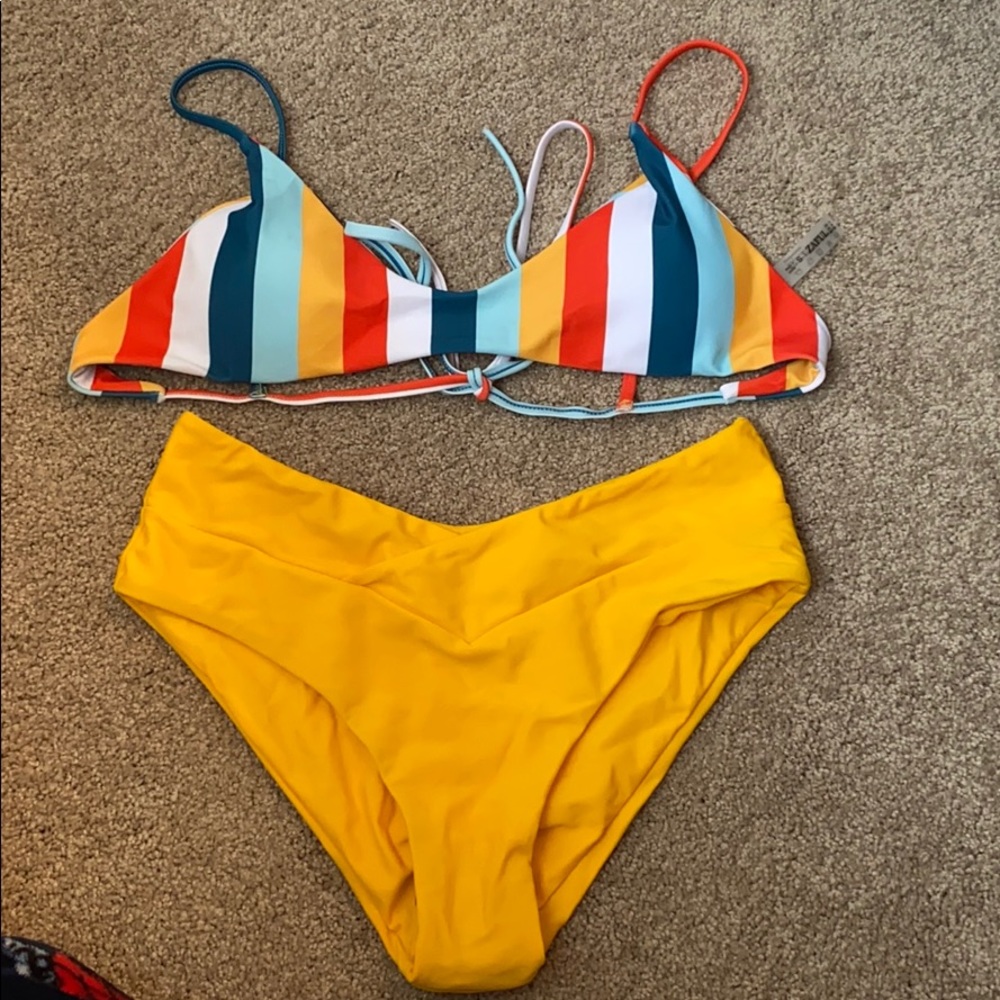 stripped bikini with high wasted bottoms